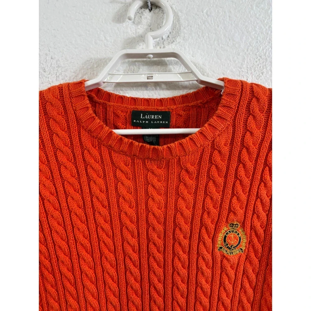 Lauren Ralph Lauren Orange Cable‎ Knit Crest Sweater Medium Cotton Long Sleeve